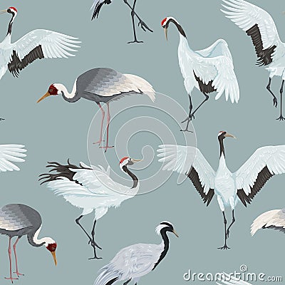 Seamless pattern with cranes Vector Illustration