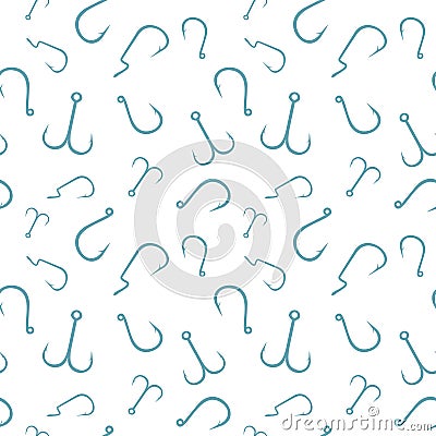 Seamless pattern with different types of fishing hooks on white background. Fishing texture. Flat design. Vector illustration Vector Illustration