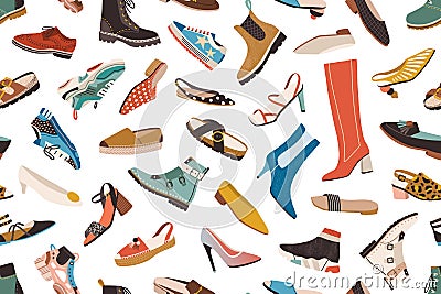 Seamless pattern with different types of modern trendy women shoes on white background. Endless texture with fashion and Vector Illustration