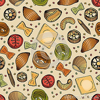 Seamless pattern with different types of tasty uncooked pasta. Backdrop with delicious traditional Italian product. Hand Vector Illustration