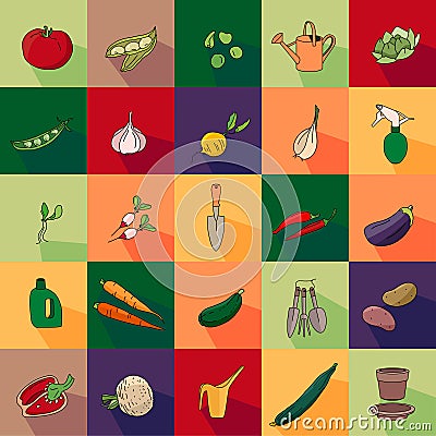 Seamless pattern with different vegetables and garden tools. Vector Illustration