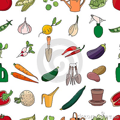 Seamless pattern with different vegetables and garden tools. Vector Illustration