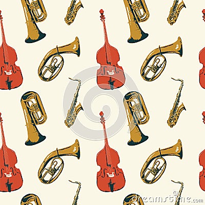 seamless pattern with different wind and string musical instruments Vector Illustration
