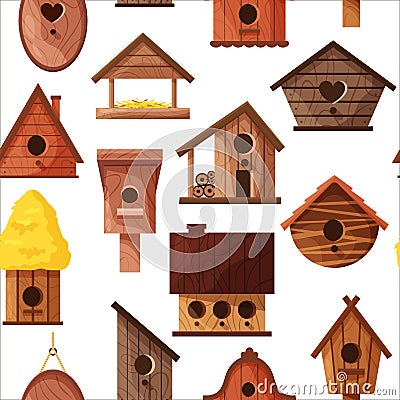 Seamless pattern of different wooden handmade bird houses isolated on white background. Cartoon homemade nesting boxes Vector Illustration
