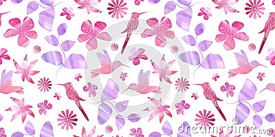 Seamless pattern digital paper textile packaging. watercolor multicolor bird and floral element on white Background Stock Photo