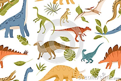 Seamless pattern with dinos and leaves on white background. Kids design of endless texture of Jurassic park with various Vector Illustration