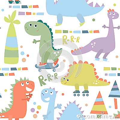 Seamless pattern with dinosaur. Baby background for textile, wrapping, fabric, wallpaper. Vector illustration. Vector Illustration