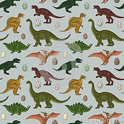 Seamless pattern. Dinosaurs and eggs. Vintage retro style. Vector illustration on a gray background. Surface design. Vector Illustration