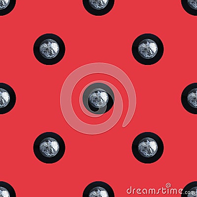 Seamless pattern with disco ball and vinyl. photo collage. disco background. trendy seamless pattern Stock Photo