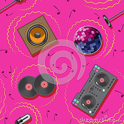 Seamless pattern DJ karaoke microphone mixer speaker musical note vinyl disco ball Vector Illustration