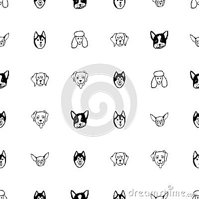 Seamless pattern with Dog breeds. Bulldog, Husky, Alaskan Malamute, Retriever, Doberman, Poodle, Pug, Shar Pei Vector Illustration