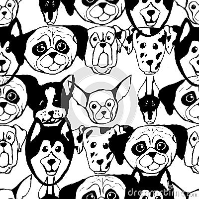 Seamless pattern with Dog breeds. Bulldog, Husky, Alaskan Malamute, Retriever, Doberman, Poodle, Pug, Shar Pei Vector Illustration