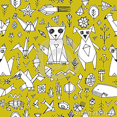 Seamless pattern with Dog cat fox fish birds sea animals and plants, Black outline on Mustard yellow background, doodle decorative Vector Illustration