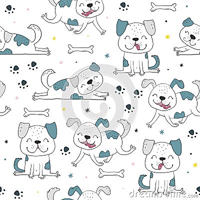 Seamless pattern with dog. Vector print with cute funny fashionable dogs. Vector illustration Vector Illustration