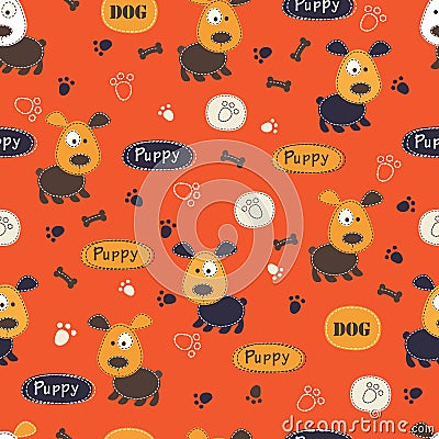 Seamless pattern with dogs, paws, bones and lettering Vector Illustration