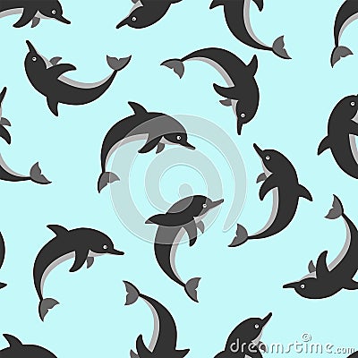 Seamless pattern with dolphins, blue background. Ideal solution for fabric and packaging design Vector Illustration