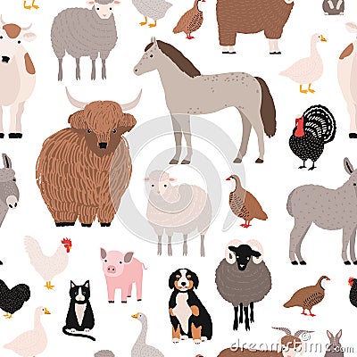 Seamless pattern with domestic farm barnyard animals and birds on white background. Backdrop with livestock and fowl Vector Illustration