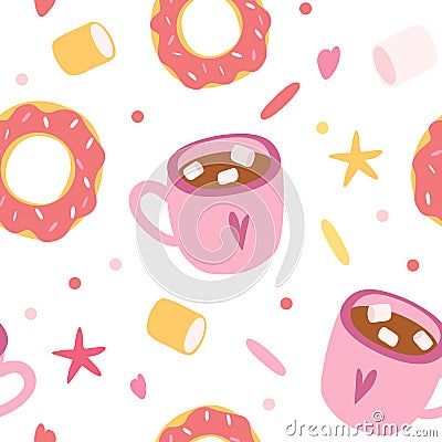 Seamless Pattern Donut and Coffee Cup. Seamless pattern for fabric, wallpaper, banner or wrapping paper. Hand drawn style. Cute Vector Illustration