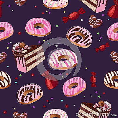 Seamless pattern donuts, chocolates, cake. Dessert food illustration. National Donut Day. Sweetest Day. International Vector Illustration