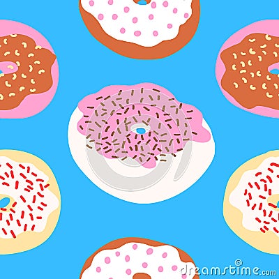 Seamless pattern of donuts with sprinkles, cream, chocolate, pink and wheat base in cartoon style Vector Illustration