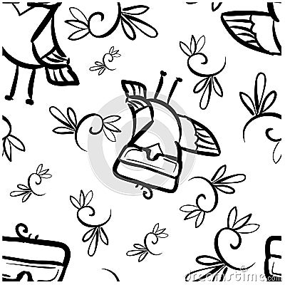 Seamless pattern doodle black birds in glass and decor floral curl Vector Illustration