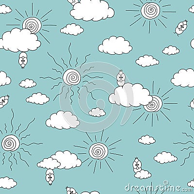 Pattern with doodle clouds,birds and suns Vector Illustration