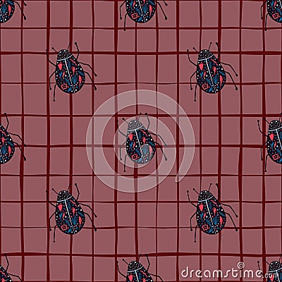 Seamless pattern with doodle bugs ornament. Pastel navy blue insects with red folk ornament on maroon chequered background Cartoon Illustration