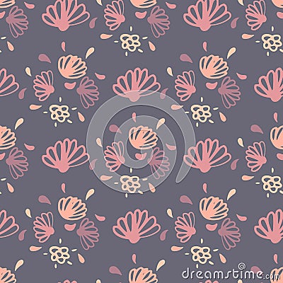 Seamless pattern with doodle contoured flowers. Abstract botanic silhouettes in pink tones on grey background Cartoon Illustration