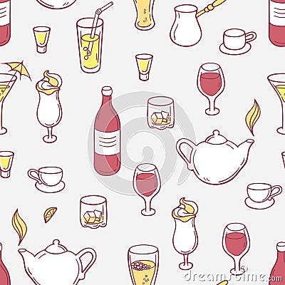 Seamless pattern with doodle drinks in vector Vector Illustration