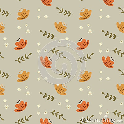 Seamless pattern, doodle flowers and small daisies on a light background. Prnt, background, textiles Vector Illustration