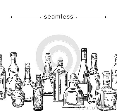 Seamless Pattern with Doodle Glass Bottles of Various Shapes Vodka, Rum, Beer, Whiskey Alcohol Drinks Empty Flasks Vector Illustration
