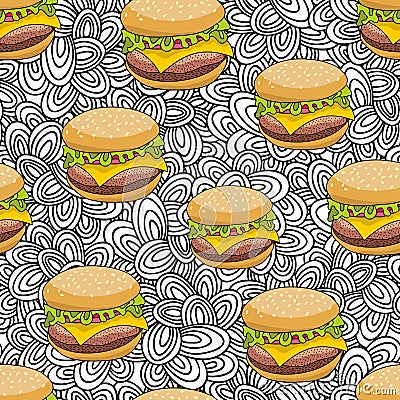 Seamless pattern with doodle hamburger on the artistic background. Vector Illustration