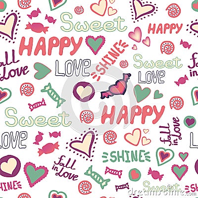 Seamless pattern doodle hearts love happy sweet words repeat. Vector avaliable Stock Photo