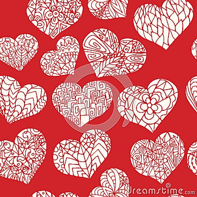 Seamless pattern from doodle hearts in silhouette white style Vector Illustration