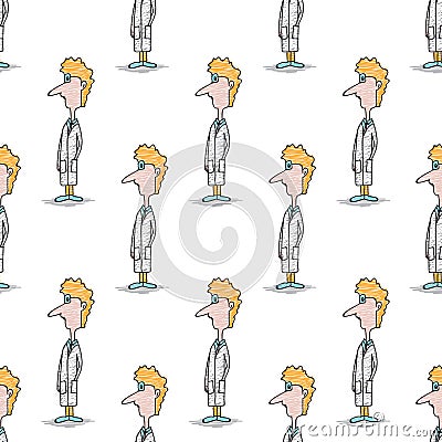 Seamless pattern, Doodle Male doctor cartoon character, hand drawn vector illustration, fabric texture, staff, people Vector Illustration