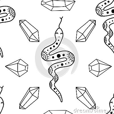 Seamless pattern with doodle mystic snakes, crystals Vector Illustration