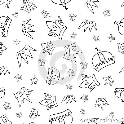 Seamless pattern of doodle queen or king crowns Vector Illustration