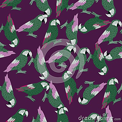 Seamless pattern with doodle random green ara parrot print. Purple background. Tropical bird backdrop Vector Illustration