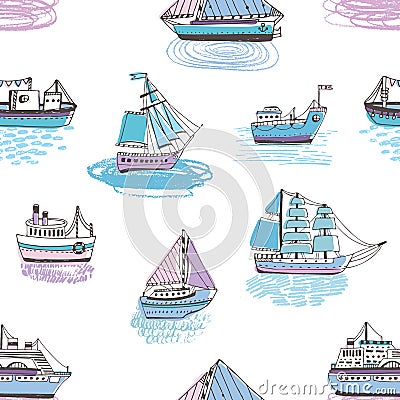 Seamless pattern with doodle ships, yachts, boats, sailing craft, sailboat, nautical vessel. Background with sea Vector Illustration