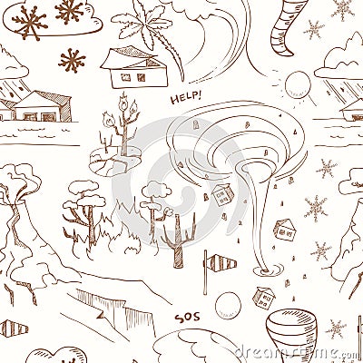 Seamless pattern with doodle sketch Natural disasters Vector Illustration