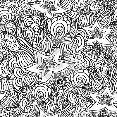 Seamless pattern with doodle starfishes and seaweeds in black white for coloring page Vector Illustration