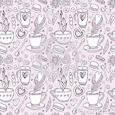 Seamless pattern of Doodle tea and coffee hand drawn in outline. Tea time elements. Cup, mug, spoon, dessert, cookies, souffle, Stock Photo