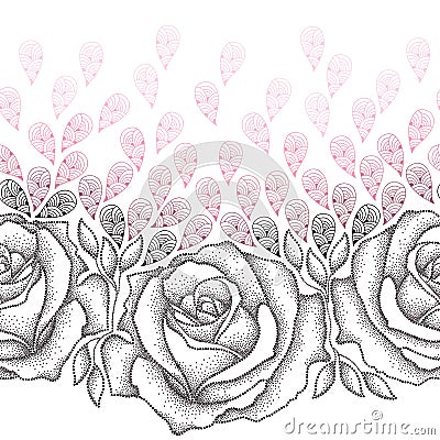 Seamless pattern with dotted black roses, leaves and stylized pink petals on the white background. Vector Illustration