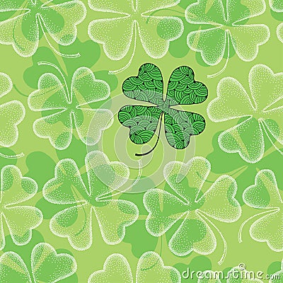 Seamless pattern with dotted four leaf clover in white on the green background. Traditional symbol of St. Patrick Day. Vector Illustration