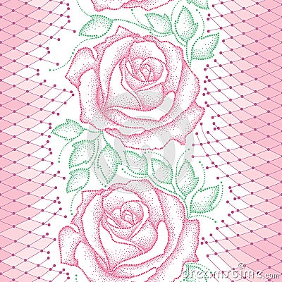 Seamless pattern with dotted pink roses, green leaves and decorative lace on the white background. Vector Illustration