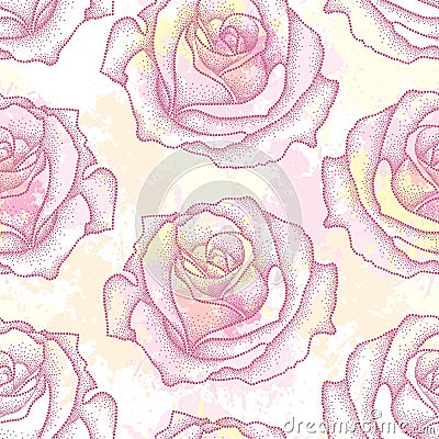 Seamless pattern with dotted rose flower in pink on the background with blots in pastel colors. Floral background in dotwork style Vector Illustration