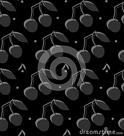 Seamless pattern with double cherry on twig with leaves in black and white colors. Vector Illustration