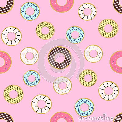 Seamless pattern of doughnuts with colored icing. Trendy beautiful donuts Pink background Stock Photo