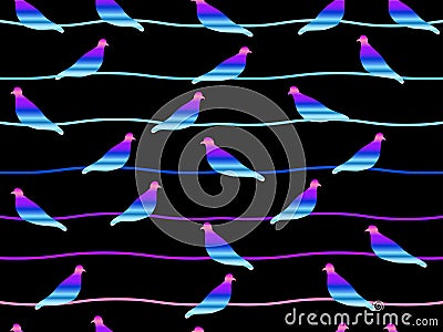 Seamless pattern with doves on wires. Neon birds in the style of the 80s - 90s. Vector Vector Illustration