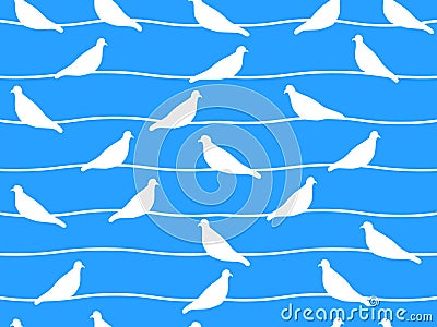 Seamless pattern with doves on wires. Vector Vector Illustration